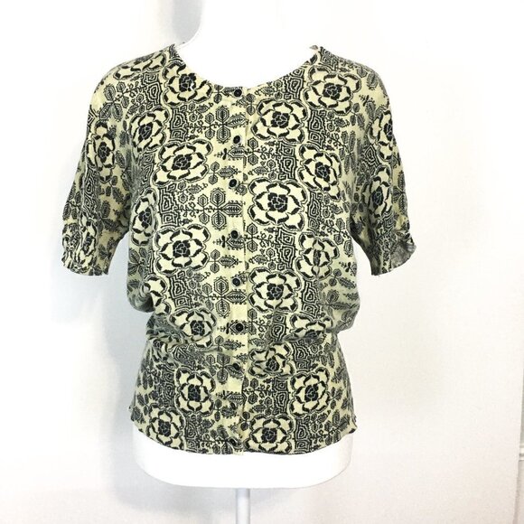 Grace Black and Tan Printed Short Sleeve Button Down Grandma Core Knit Top (L) - Picture 9 of 16